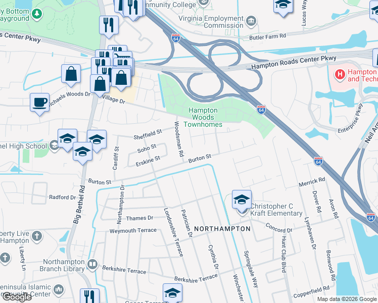 map of restaurants, bars, coffee shops, grocery stores, and more near 704 Burton Street in Hampton