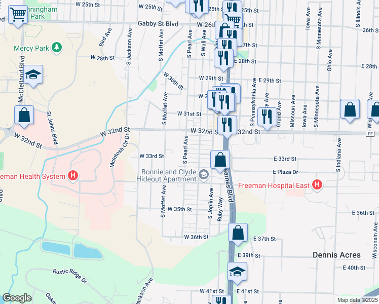 map of restaurants, bars, coffee shops, grocery stores, and more near 3317 South Pearl Avenue in Joplin