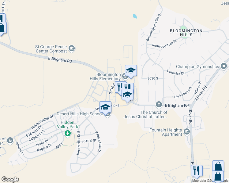 map of restaurants, bars, coffee shops, grocery stores, and more near 3239 South 840 East in St. George
