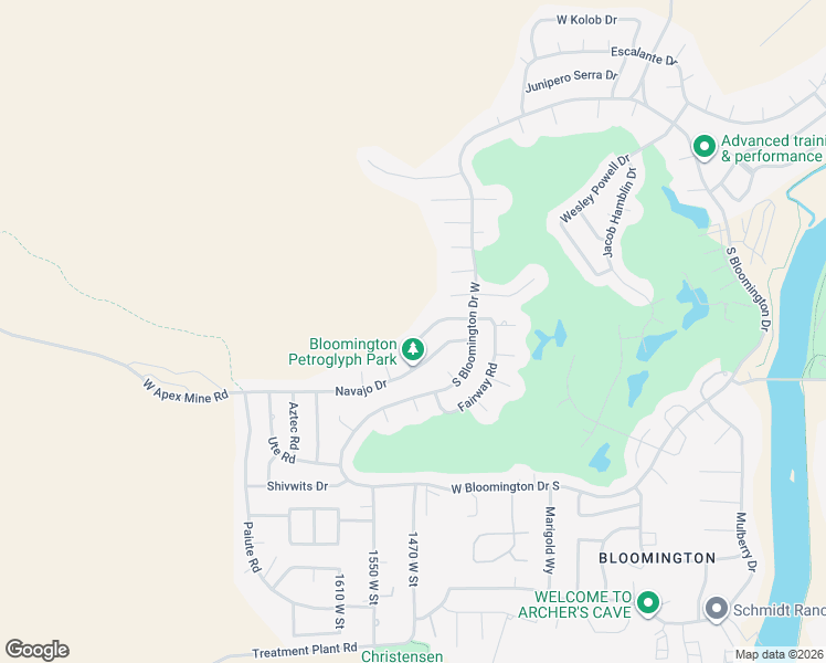 map of restaurants, bars, coffee shops, grocery stores, and more near 1464 Geronimo Road in St. George