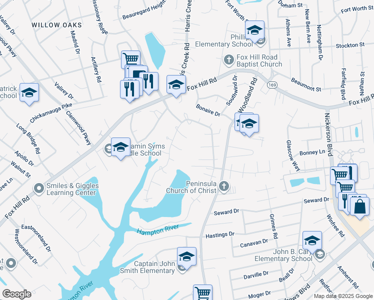 map of restaurants, bars, coffee shops, grocery stores, and more near 344 Eltham Court in Hampton