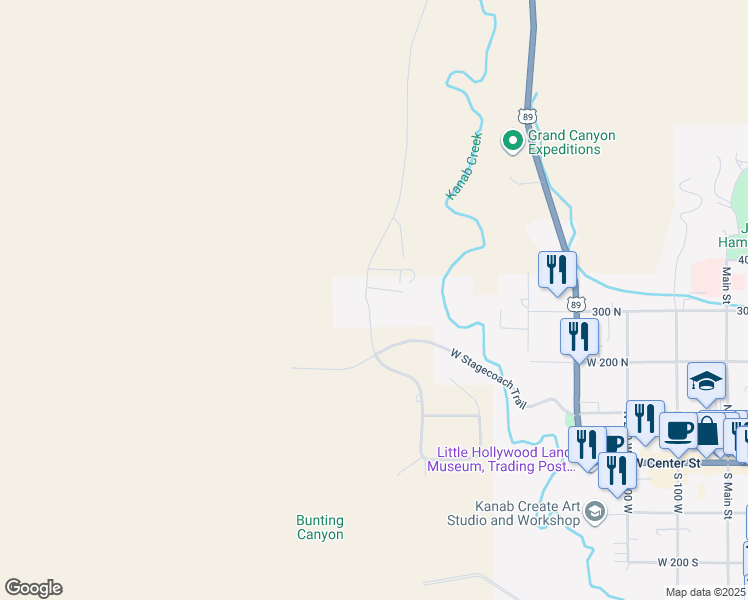 map of restaurants, bars, coffee shops, grocery stores, and more near 348 North Gunsmoke Pass in Kanab