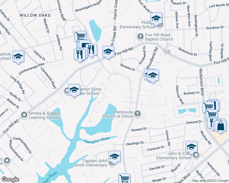 map of restaurants, bars, coffee shops, grocery stores, and more near 344 Eltham Court in Hampton