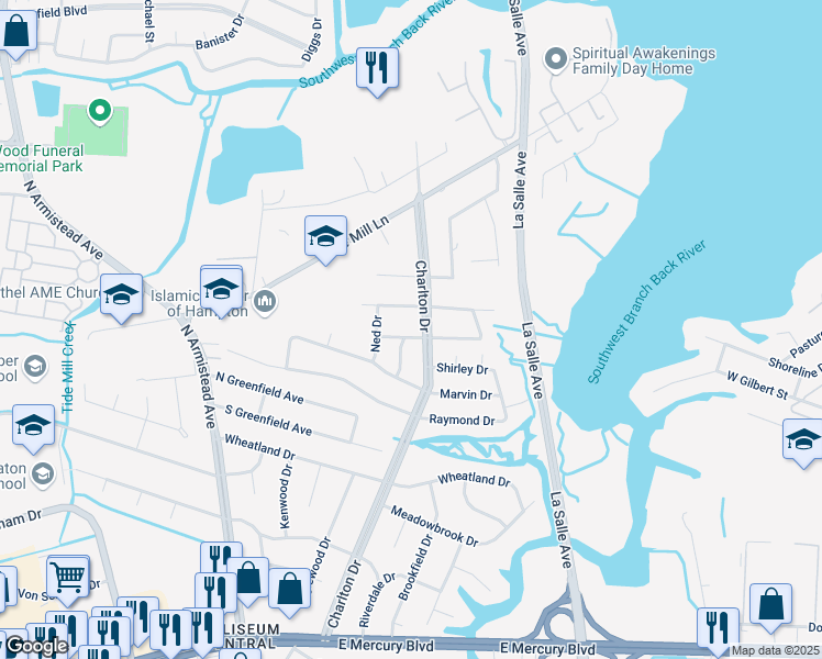 map of restaurants, bars, coffee shops, grocery stores, and more near 303 Hamrick Drive in Hampton