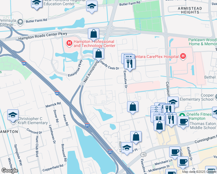 map of restaurants, bars, coffee shops, grocery stores, and more near 24 Pacific Drive in Hampton