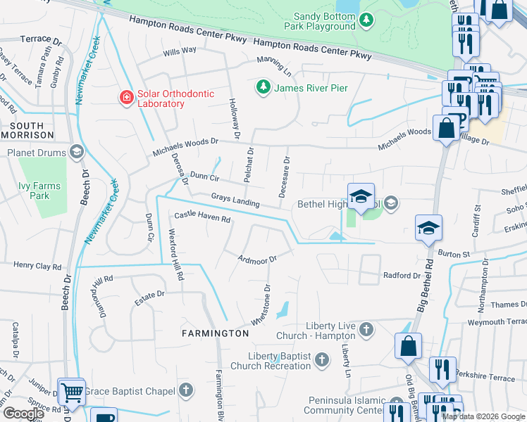 map of restaurants, bars, coffee shops, grocery stores, and more near 16 Kenilworth Drive in Hampton