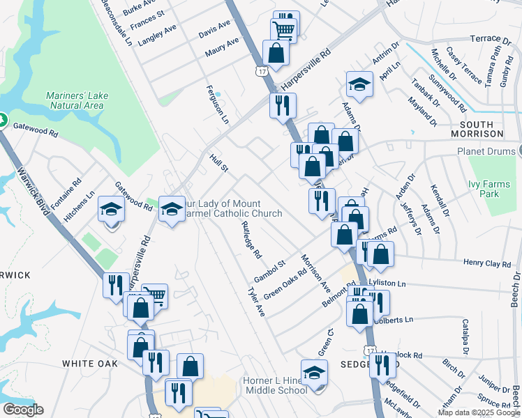 map of restaurants, bars, coffee shops, grocery stores, and more near 28 Morrison Avenue in Newport News