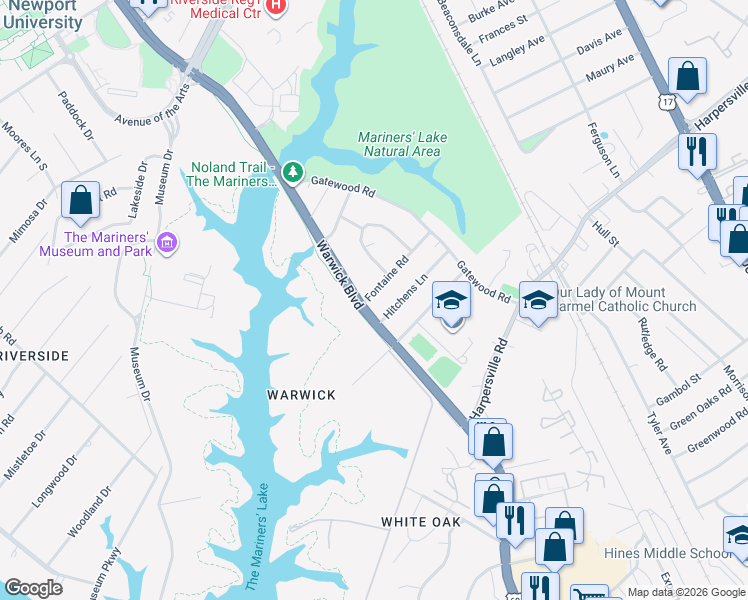 map of restaurants, bars, coffee shops, grocery stores, and more near 90 Hitchens Lane in Newport News