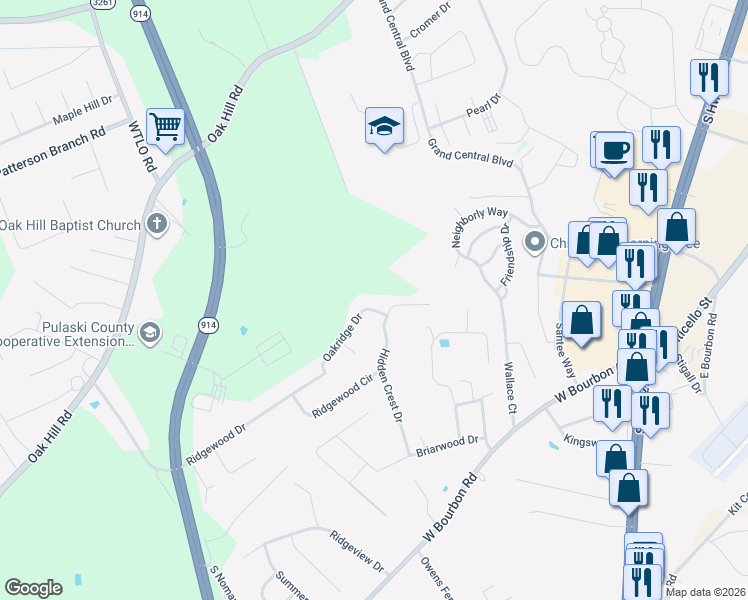 map of restaurants, bars, coffee shops, grocery stores, and more near Hidden Crest Drive in Somerset