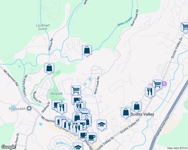map of restaurants, bars, coffee shops, grocery stores, and more near 552 Bean Creek Road in Scotts Valley
