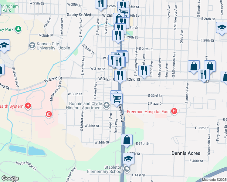 map of restaurants, bars, coffee shops, grocery stores, and more near 3398 Interstate 44 Business Loop in Joplin