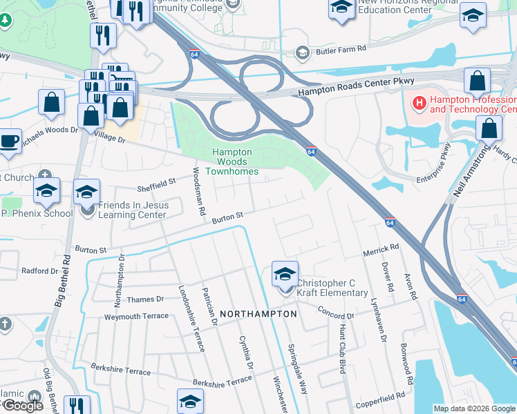 map of restaurants, bars, coffee shops, grocery stores, and more near 9 Raintree Drive in Hampton