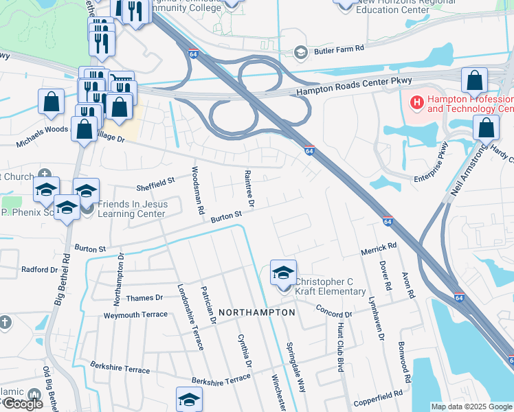 map of restaurants, bars, coffee shops, grocery stores, and more near 2 Raintree Drive in Hampton
