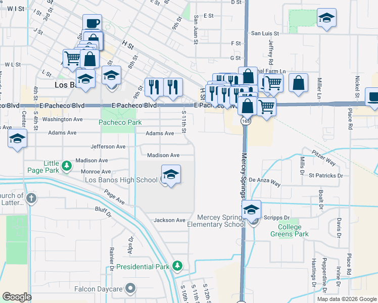 map of restaurants, bars, coffee shops, grocery stores, and more near 1524 South 11th Street in Los Banos