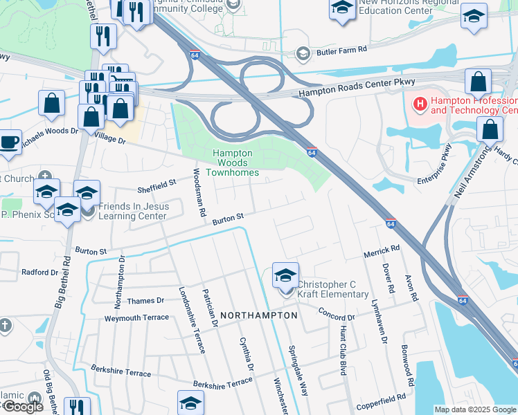 map of restaurants, bars, coffee shops, grocery stores, and more near 2 Raintree Drive in Hampton