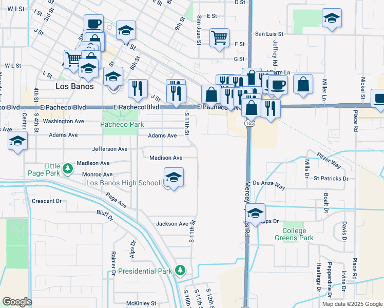 map of restaurants, bars, coffee shops, grocery stores, and more near 1062 Madison Avenue in Los Banos