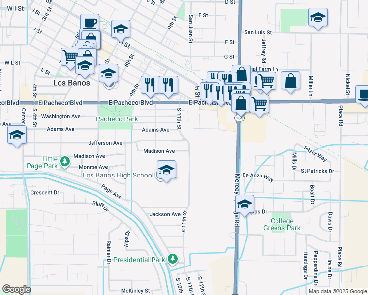 map of restaurants, bars, coffee shops, grocery stores, and more near 1062 Madison Avenue in Los Banos