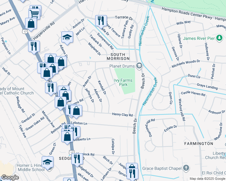 map of restaurants, bars, coffee shops, grocery stores, and more near 105 Basswood Drive in Newport News