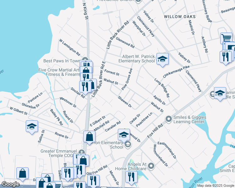 map of restaurants, bars, coffee shops, grocery stores, and more near 219 Shawen Drive in Hampton