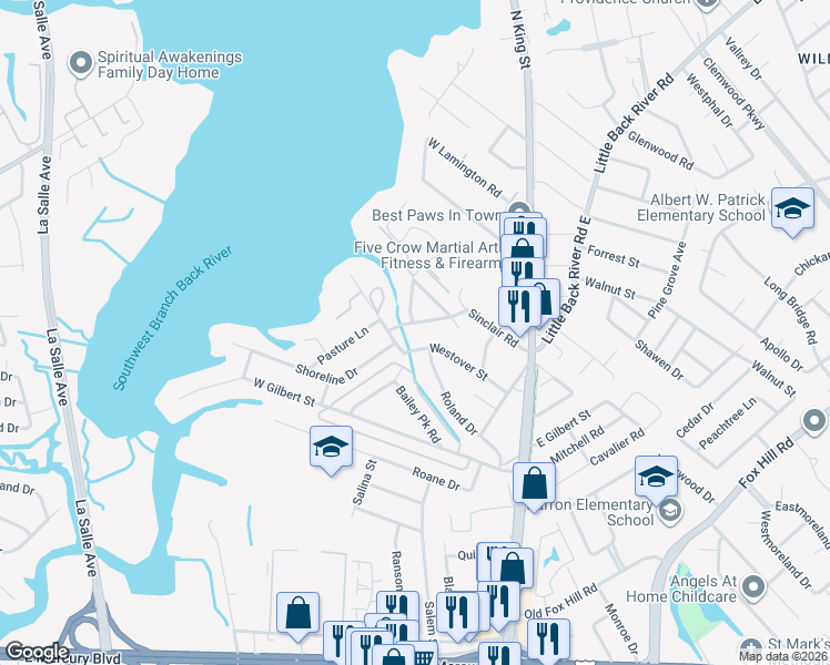 map of restaurants, bars, coffee shops, grocery stores, and more near 103 Kove Drive in Hampton