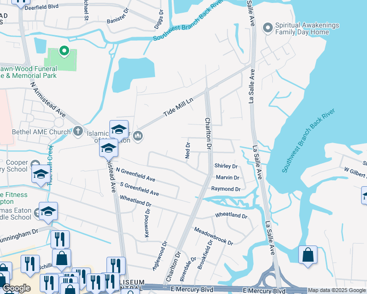 map of restaurants, bars, coffee shops, grocery stores, and more near 114 Bramston Drive in Hampton