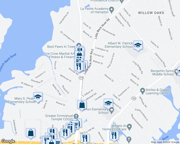 map of restaurants, bars, coffee shops, grocery stores, and more near 11 Riverchase Drive in Hampton