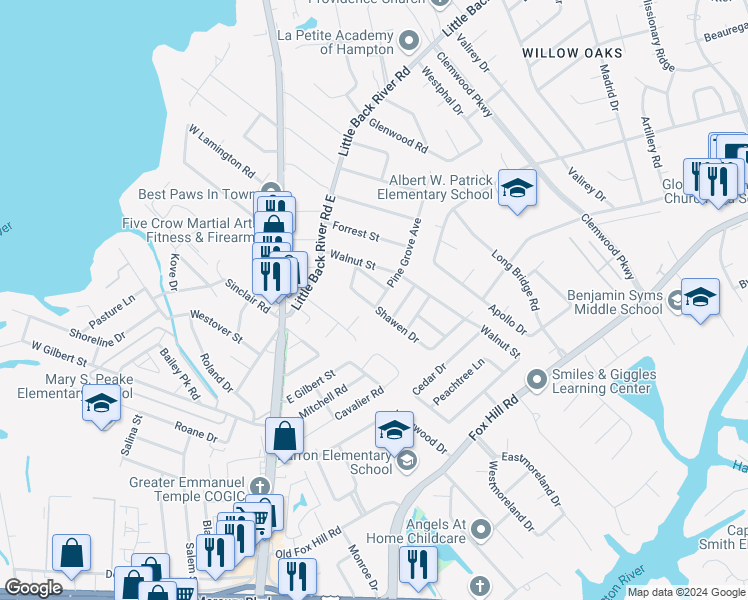 map of restaurants, bars, coffee shops, grocery stores, and more near 219 Shawen Drive in Hampton