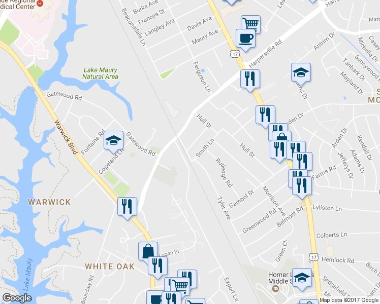 map of restaurants, bars, coffee shops, grocery stores, and more near 2 Belinda Drive in Newport News
