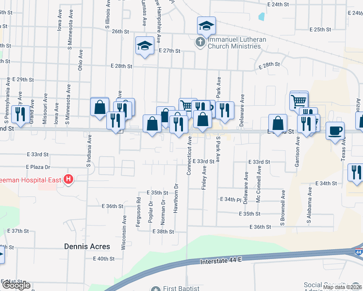 map of restaurants, bars, coffee shops, grocery stores, and more near 1710 East 32nd Street in Joplin