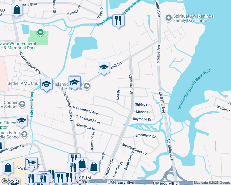 map of restaurants, bars, coffee shops, grocery stores, and more near 114 Bramston Drive in Hampton