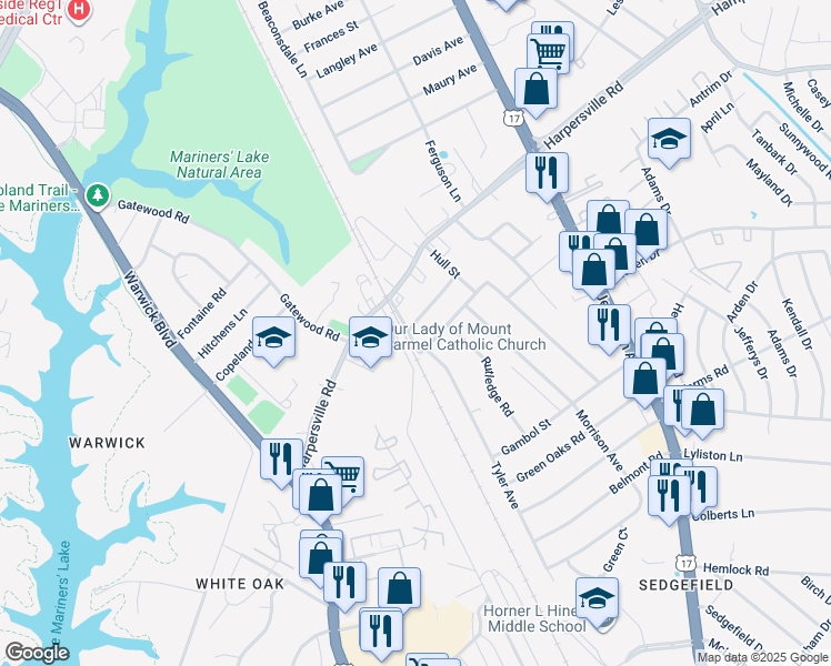map of restaurants, bars, coffee shops, grocery stores, and more near 2 Belinda Drive in Newport News
