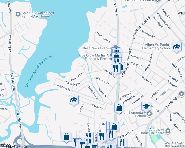 map of restaurants, bars, coffee shops, grocery stores, and more near 103 Kove Drive in Hampton