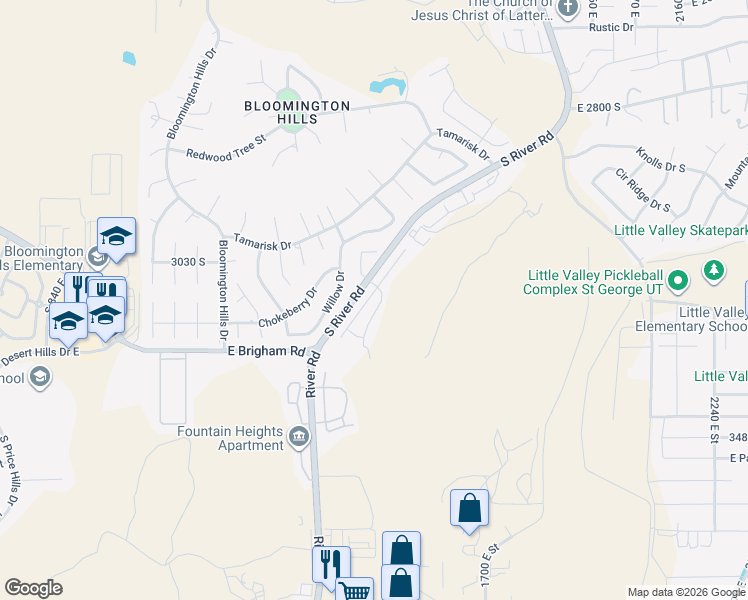 map of restaurants, bars, coffee shops, grocery stores, and more near 3105 1420 East Street in St. George
