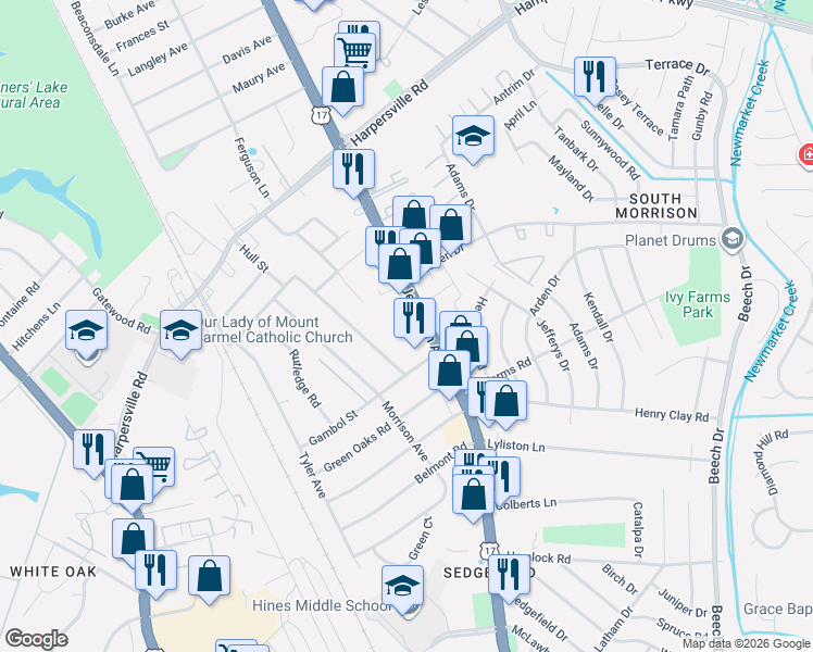 map of restaurants, bars, coffee shops, grocery stores, and more near 10753 Jefferson Avenue in Newport News