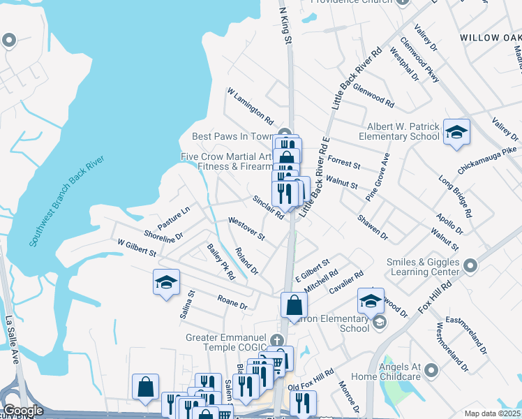 map of restaurants, bars, coffee shops, grocery stores, and more near 18 Sinclair Road in Hampton