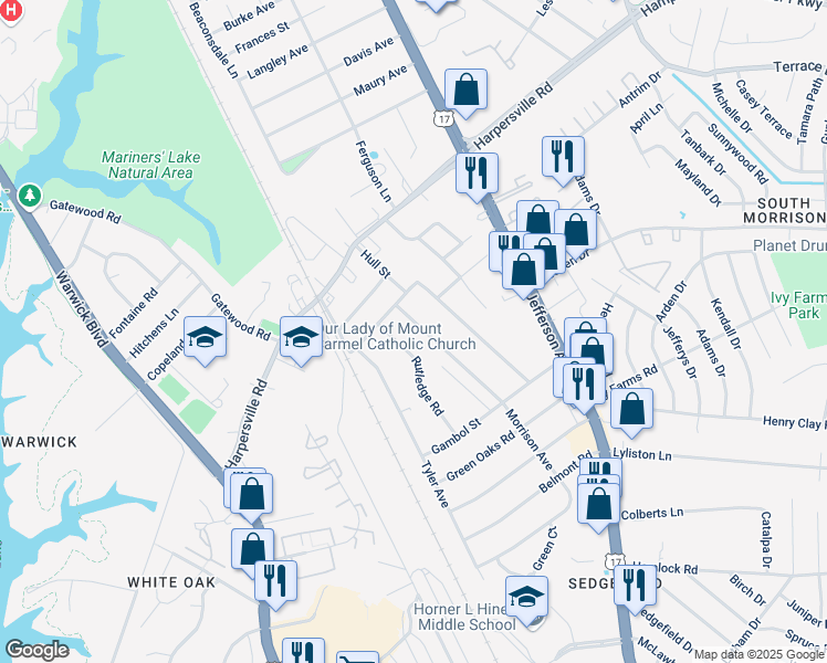 map of restaurants, bars, coffee shops, grocery stores, and more near 2 Morrison Avenue in Newport News