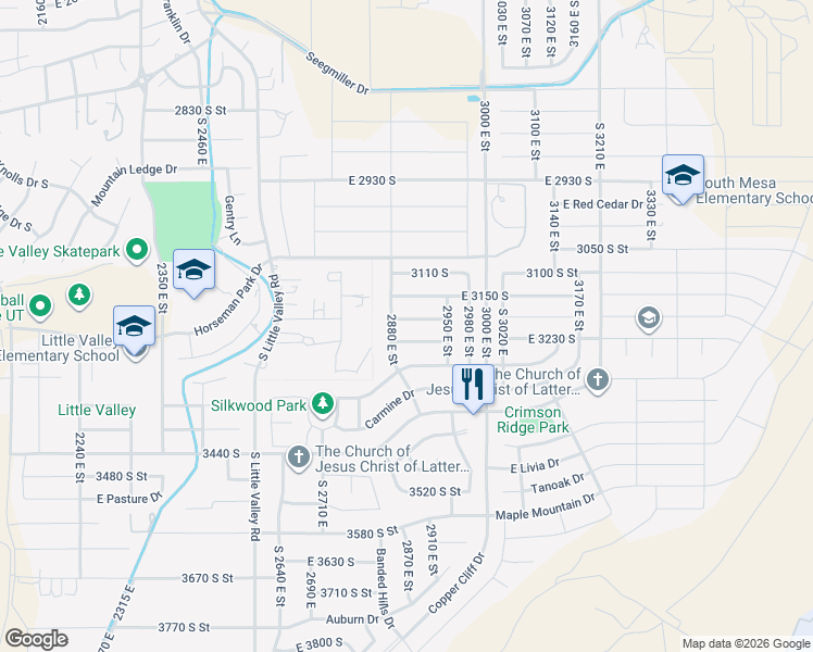 map of restaurants, bars, coffee shops, grocery stores, and more near 2900 East 3190 South in St. George