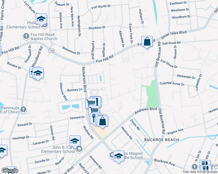 map of restaurants, bars, coffee shops, grocery stores, and more near 34 Eagles Landing in Hampton