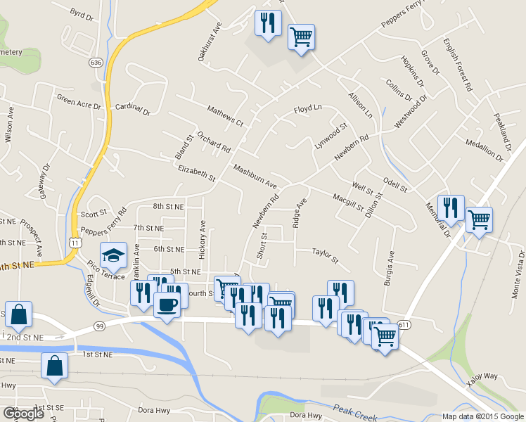 map of restaurants, bars, coffee shops, grocery stores, and more near 737 Newbern Road in Pulaski