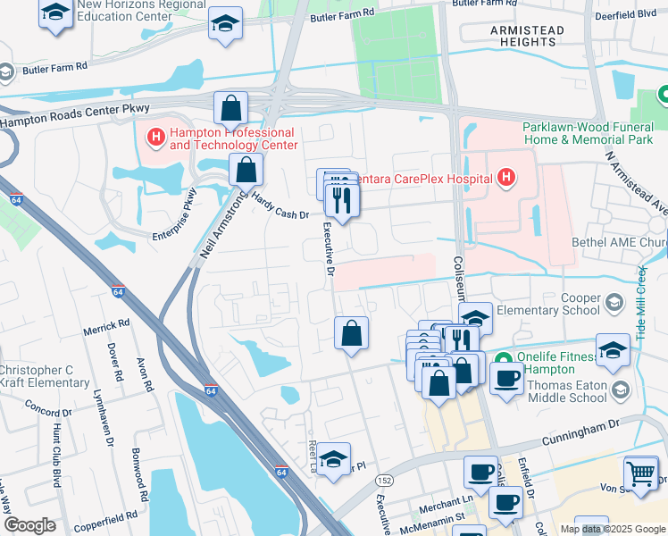 map of restaurants, bars, coffee shops, grocery stores, and more near 2236 Executive Drive in Hampton