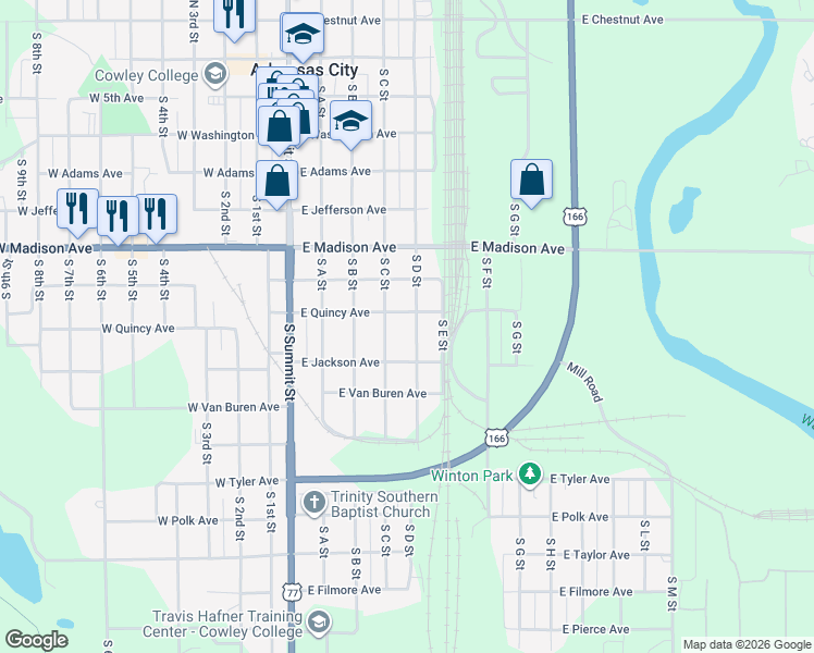 map of restaurants, bars, coffee shops, grocery stores, and more near 720 South C Street in Arkansas City