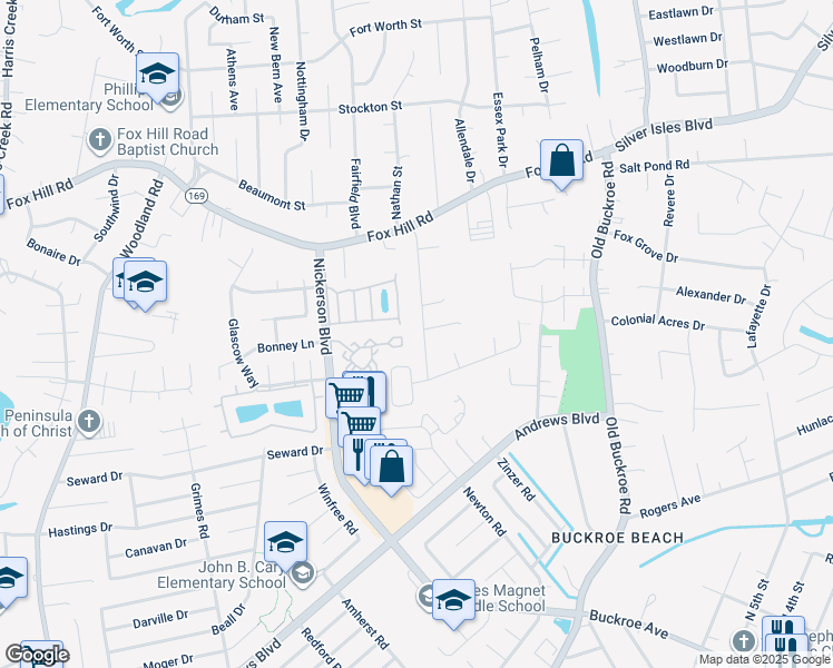 map of restaurants, bars, coffee shops, grocery stores, and more near 34 Eagles Landing in Hampton