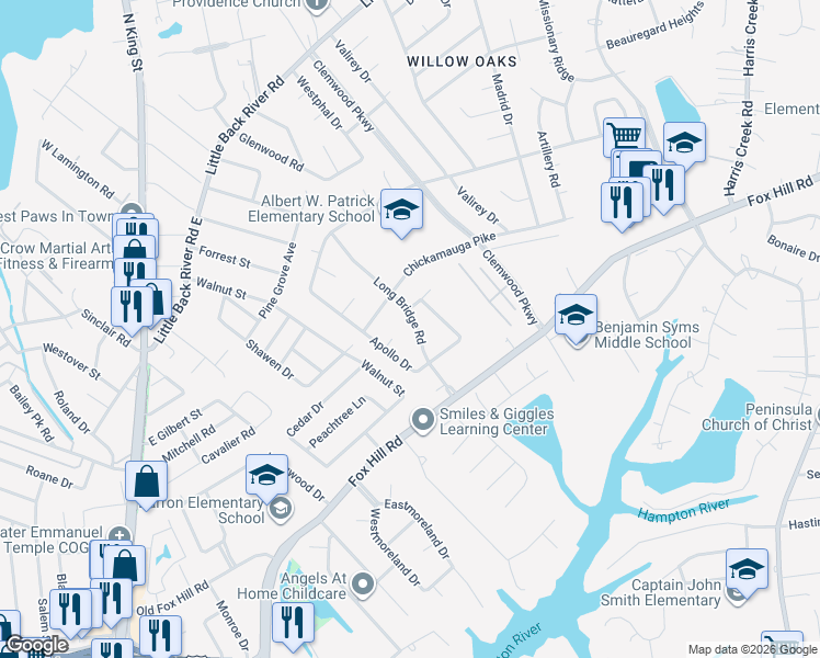 map of restaurants, bars, coffee shops, grocery stores, and more near 100 Bear Creek Crossing in Hampton