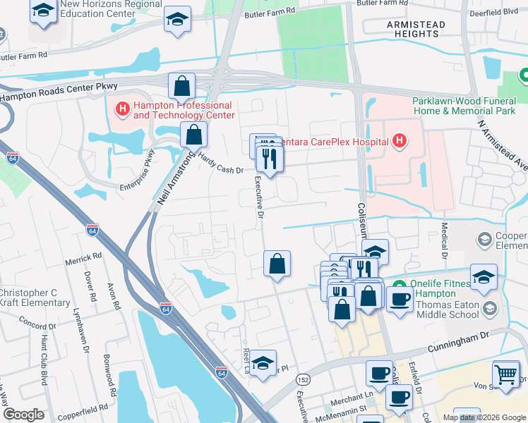 map of restaurants, bars, coffee shops, grocery stores, and more near in Hampton