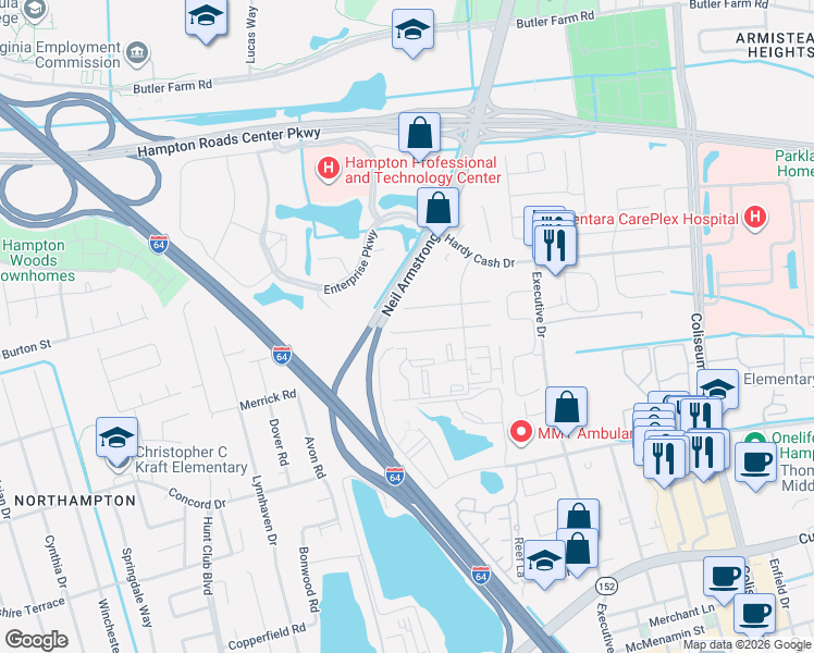 map of restaurants, bars, coffee shops, grocery stores, and more near 68 Terri Sue Court in Hampton