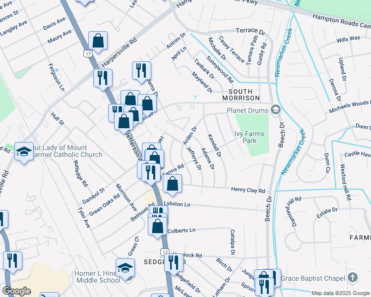map of restaurants, bars, coffee shops, grocery stores, and more near 88 Arden Drive in Newport News