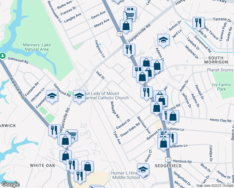 map of restaurants, bars, coffee shops, grocery stores, and more near 104 Hull Street in Newport News
