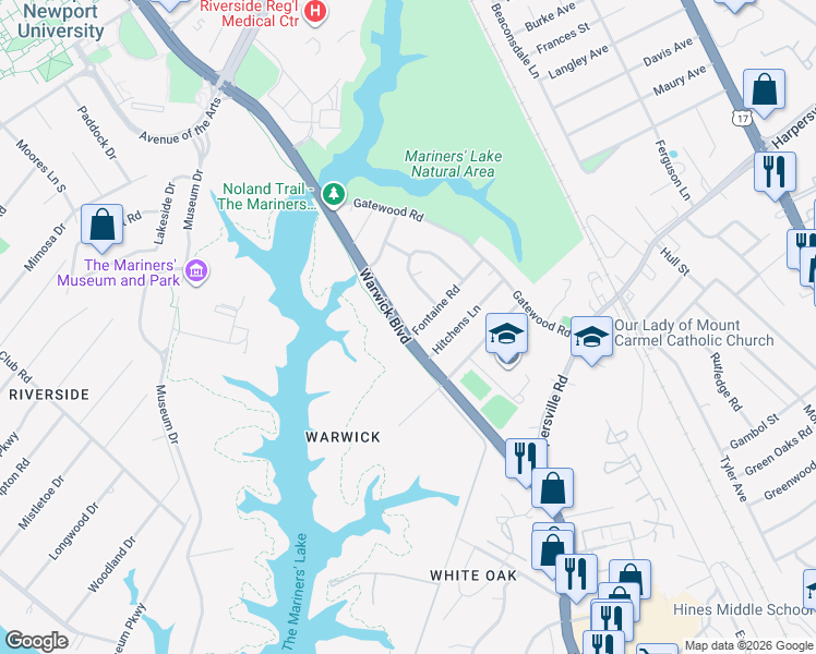 map of restaurants, bars, coffee shops, grocery stores, and more near 11506 Warwick Boulevard in Newport News