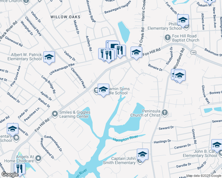 map of restaurants, bars, coffee shops, grocery stores, and more near 407 Dunham Massie Drive in Hampton