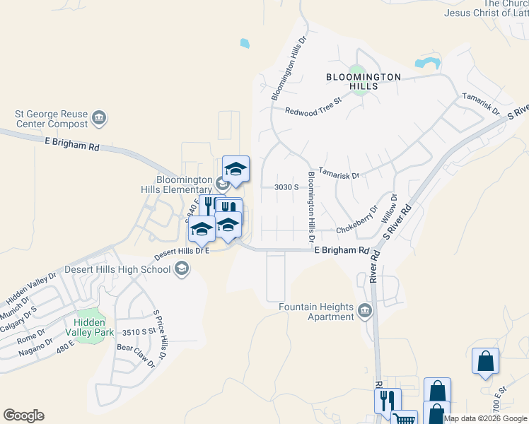 map of restaurants, bars, coffee shops, grocery stores, and more near 3045 Beech Street in St. George